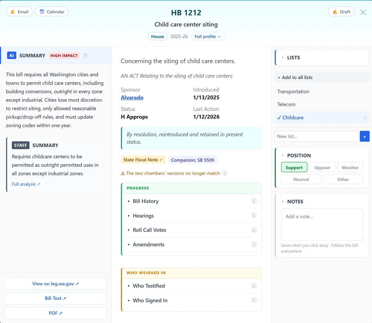House Bill 1212 open in OlympiaTrack: a plain-English AI summary marked high impact sits above the official nonpartisan staff summary, beside the sponsor, status, companion bill, and a warning that the two chambers’ versions no longer match.