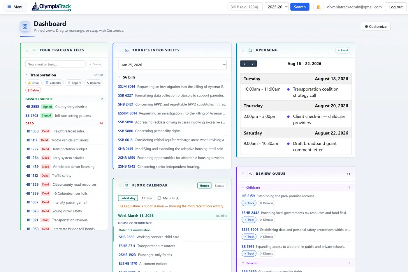 The OlympiaTrack dashboard: a client's tracked bills grouped by whether they passed or died, the day's intro sheets, the week's meetings, the floor calendar, and a queue of AI-suggested bills waiting to be tracked or dismissed — all on one screen.