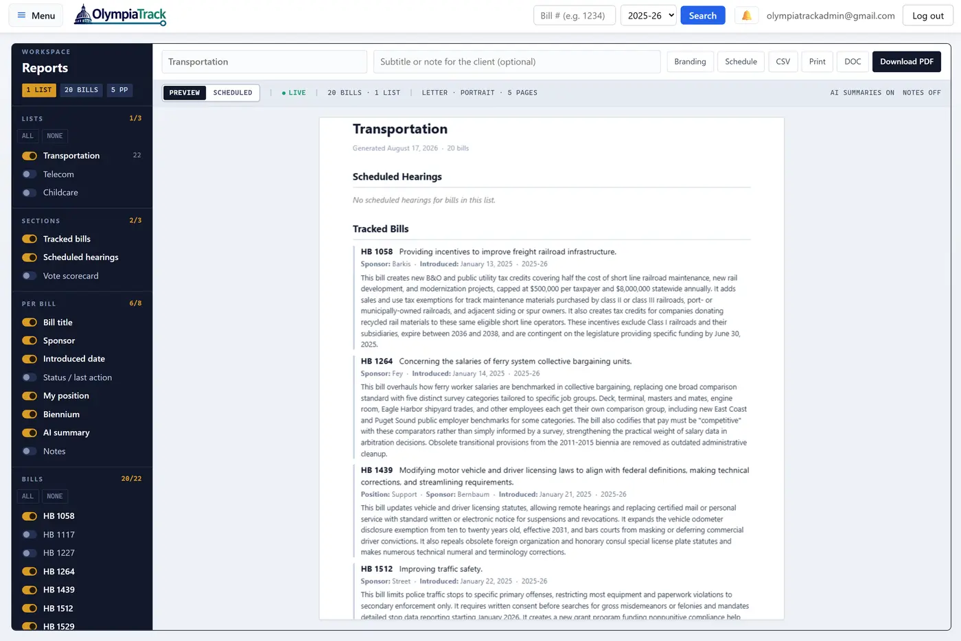 The report builder in OlympiaTrack: a rail of switches for which lists, sections and per-bill fields to include, beside a live preview of the finished five-page report, with controls to add branding or schedule it to send.